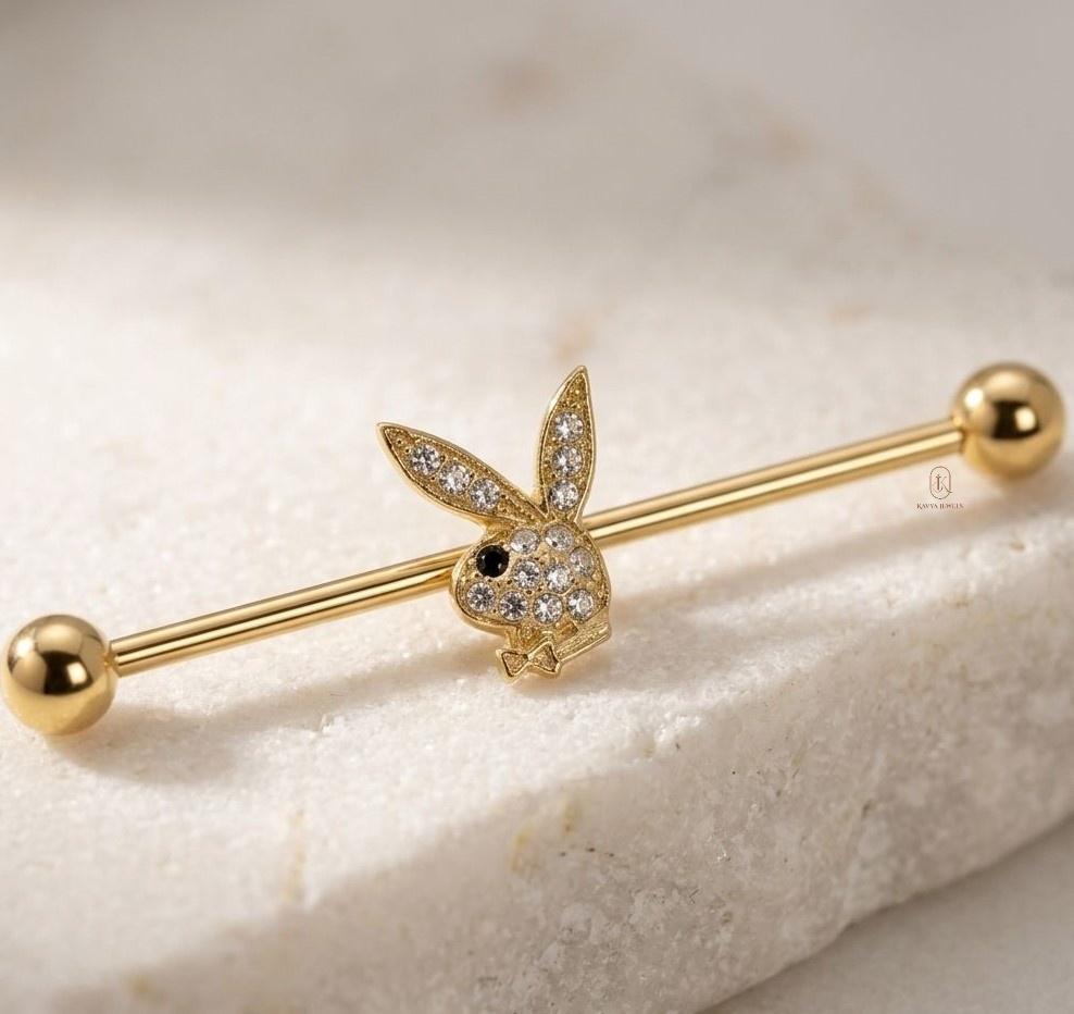 Playboy Bunny Industrial Barbell, Moissanite Diamond Earring, 14K