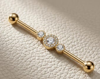 Industriële diamanten halteroorbel, in het lab gekweekte diamant/moissaniet, 14K gouden kraakbeenpiercingsieraden