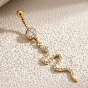 Anello per ombelico a forma di serpente in oro con pendente / Gioielli per piercing all'ombelico con diamante sintetico