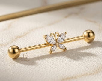 Pendiente de mariposa con diamante marquesa / Moissanita cultivada en laboratorio / Piercing de hélice de oro de 10K, 14K o 18K