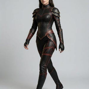 May include: A black leather-like bodysuit featuring a high collar, quilted chest panel, and layered shoulder armor. The garment includes dark red trim, long sleeves with fingerless gloves, and matching knee-high boots with red accents and straps.