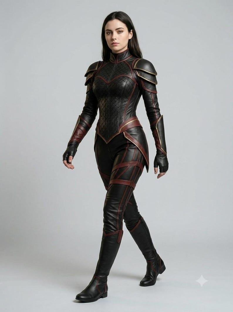 May include: A black leather-like bodysuit featuring a high collar, quilted chest panel, and layered shoulder armor. The garment includes dark red trim, long sleeves with fingerless gloves, and matching knee-high boots with red accents and straps.