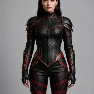 May include: A black and dark red leather-style bodysuit featuring a high collar, textured scale-patterned chest panel, layered shoulder armor, and long sleeves with matching forearm guards. The fitted garment includes integrated red piping and straps.