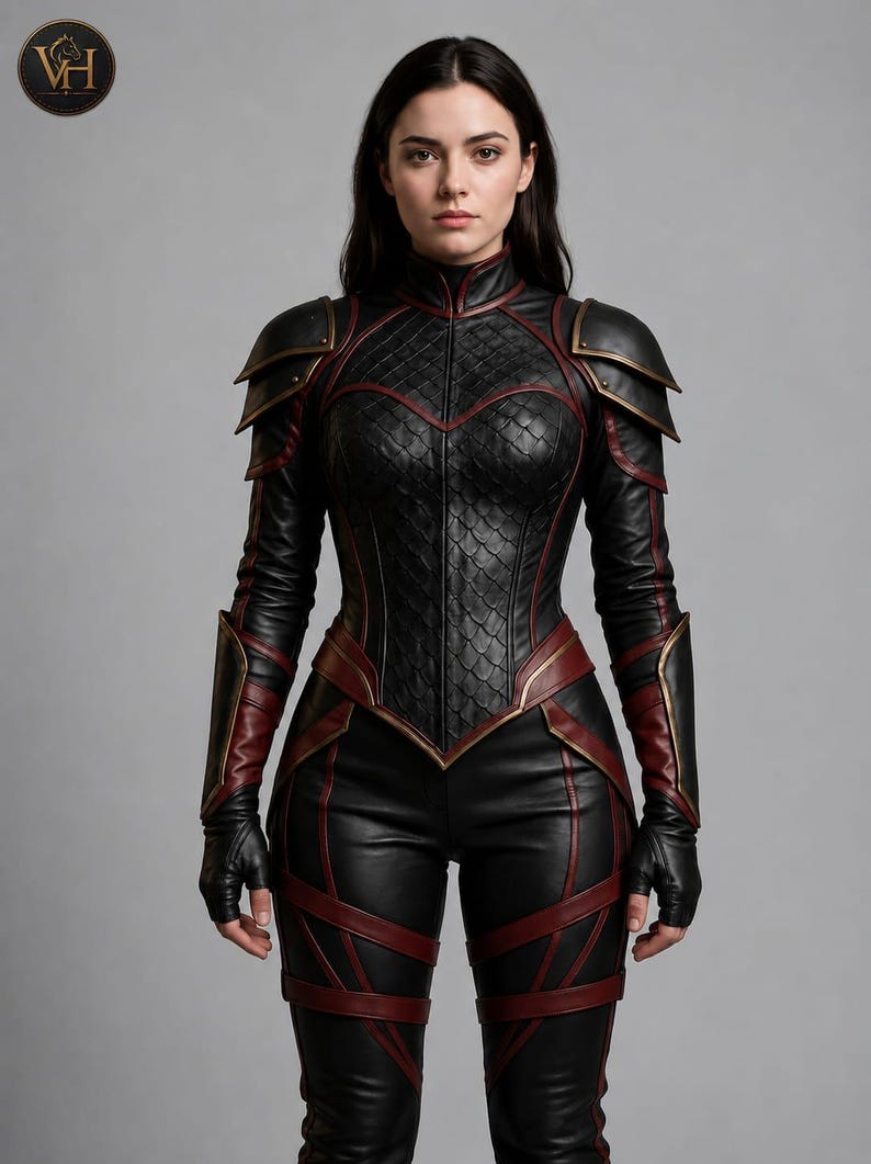 May include: A black and dark red leather-style bodysuit featuring a high collar, textured scale-patterned chest panel, layered shoulder armor, and long sleeves with matching forearm guards. The fitted garment includes integrated red piping and straps.