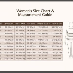 May include: A size chart and measurement guide with brown text on a light background. It lists sizes from 2x-Small to 5x-Large with corresponding measurements in inches and centimeters for bust, waist, hip, shoulders, and sleeve length.