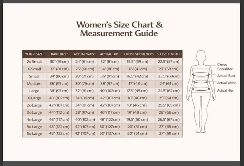May include: A size chart and measurement guide with brown text on a light background. It lists sizes from 2x-Small to 5x-Large with corresponding measurements in inches and centimeters for bust, waist, hip, shoulders, and sleeve length.