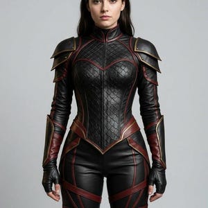 May include: A black leather suit featuring a textured scale pattern on the bodice, high collar, and layered shoulder armor. The garment includes dark red piping accents, fitted sleeves with fingerless glove cuffs, and structured leg panels.