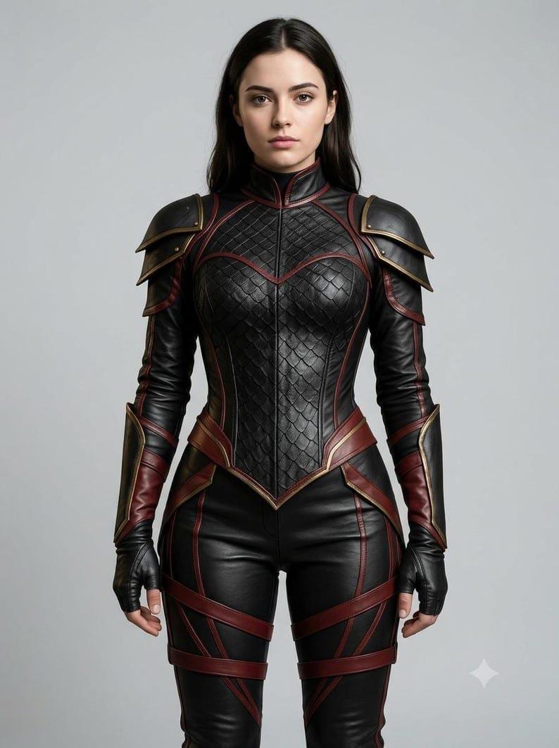 May include: A black leather suit featuring a textured scale pattern on the bodice, high collar, and layered shoulder armor. The garment includes dark red piping accents, fitted sleeves with fingerless glove cuffs, and structured leg panels.