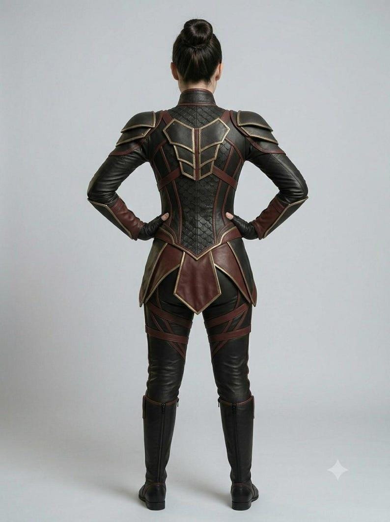 May include: A dark brown and black leather-like suit featuring structured shoulder armor, a quilted back panel, and a high collar. The garment includes layered hip panels, fitted sleeves with dark gloves, and matching tall boots with a sleek finish.