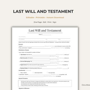 Puede incluir: Un documento imprimible de Última Voluntad y Testamento con campos rellenables. El documento incluye secciones para el albacea, la distribución de activos y la tutela. El texto "Last Will and Testament" está en la parte superior, con "Editable, Printable, Instant Download" debajo.