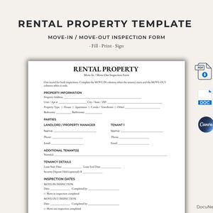May include: A rental property move-in and move-out inspection form template. The document includes sections for property information, landlord and tenant details, tenancy dates, and inspection dates. Icons for PDF, DOC, and Canva formats are visible.