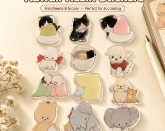 Kawaii Resin Stickers Set, Cute Animal Planner Stickers, Epoxy Stickers, Journaling Supplies, Scrapbook Decor, Artist Collaboration