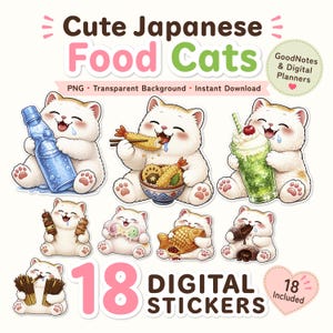 Puede incluir: Un conjunto de pegatinas digitales con 18 ilustraciones de gatos blancos comiendo diversos alimentos japoneses, incluyendo tempura, taiyaki y bebidas. El texto dice Cute Japanese Food Cats, PNG, Transparent Background, Instant Download, 18 Digital Stickers y 18 Included.