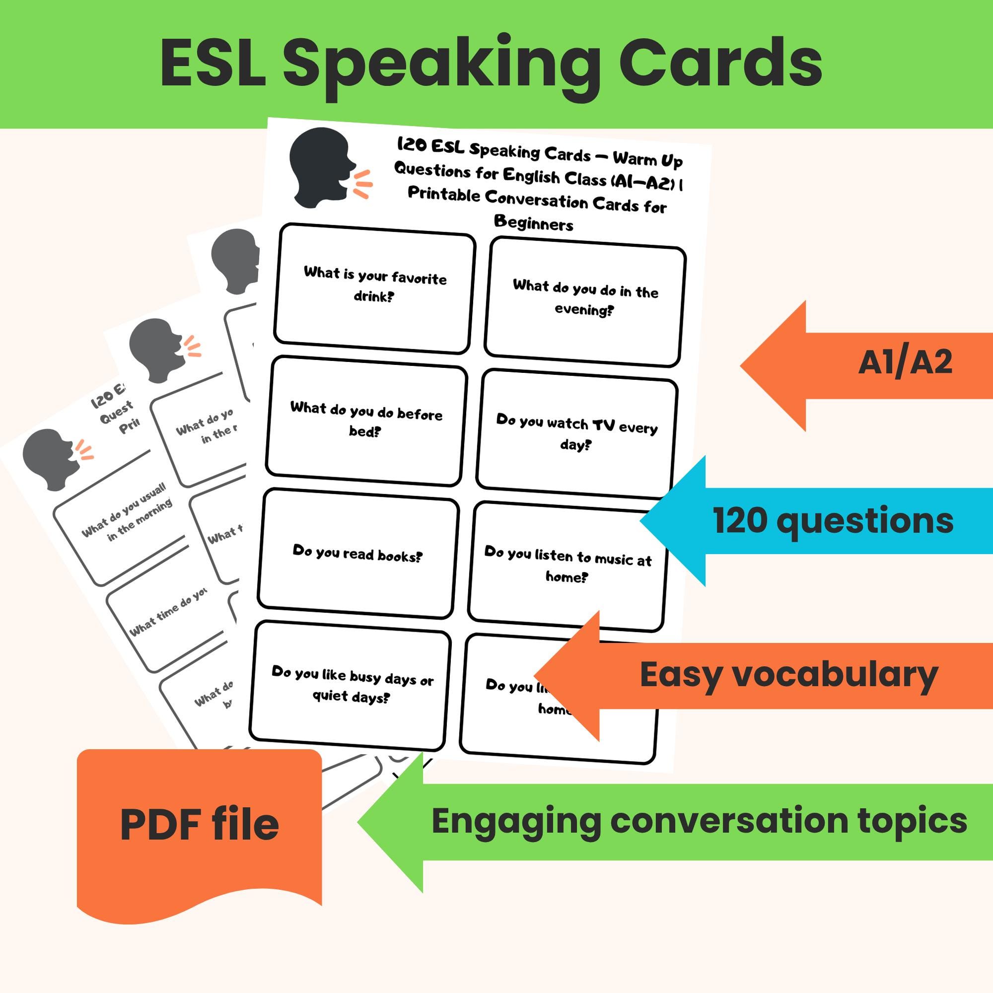 120 ESL Speaking Topics Cards – Warm up Questions for English Class (A1 ...