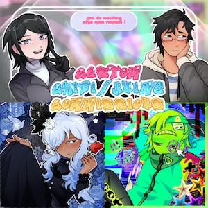 May include: Digital art advertisement featuring anime-style characters. The image includes the text "Custom Chibi/Anime Commissions" in colorful lettering. The artwork showcases various characters with distinct styles and color palettes, with a callout bubble that says "Can do matching pfps upon request!"