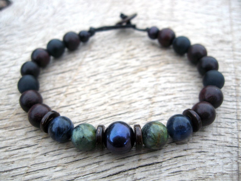 Mens pearl bracelet genuine black freshwater pearl Etsy