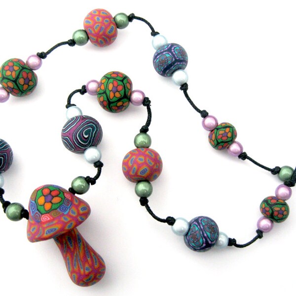 Flower power mushroom necklace, millefiori patterns, psychadelic colors, with handmade beads and miracle beads, polymer clay