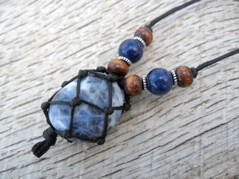 with lapis lazuli wood and tiny metal beads mens macrame necklace handmade and one of a kind Mens sodalite netted stone pendant