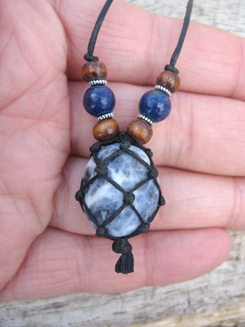with lapis lazuli wood and tiny metal beads mens macrame necklace handmade and one of a kind Mens sodalite netted stone pendant