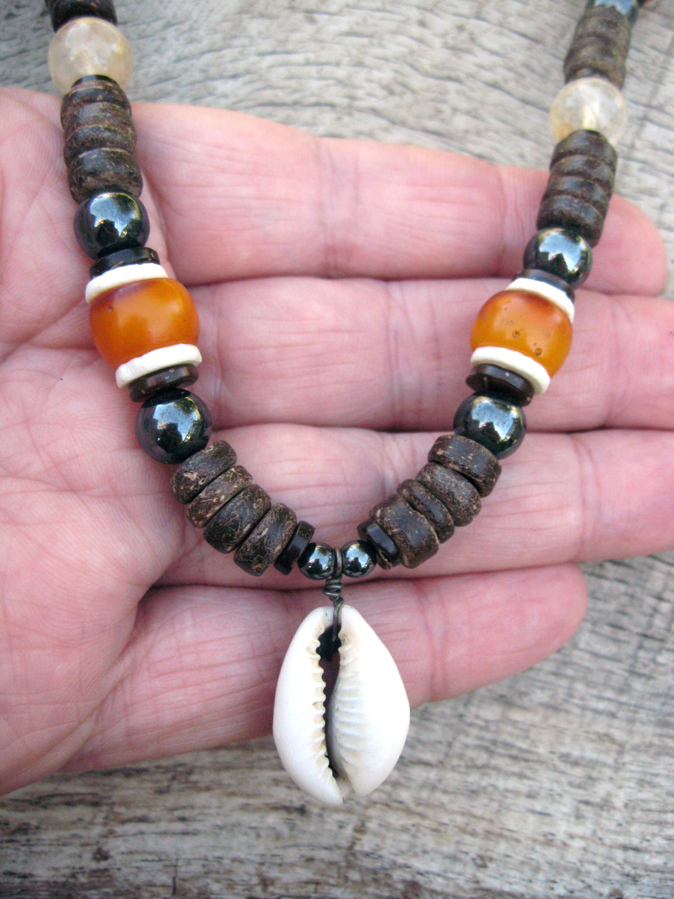 Mens necklace cowrie shell pendant copal resin hematite Etsy