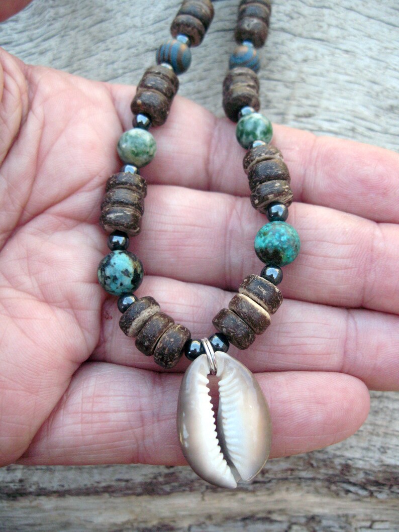 Mens tribal necklace cowrie shell pendant African turquoise Etsy