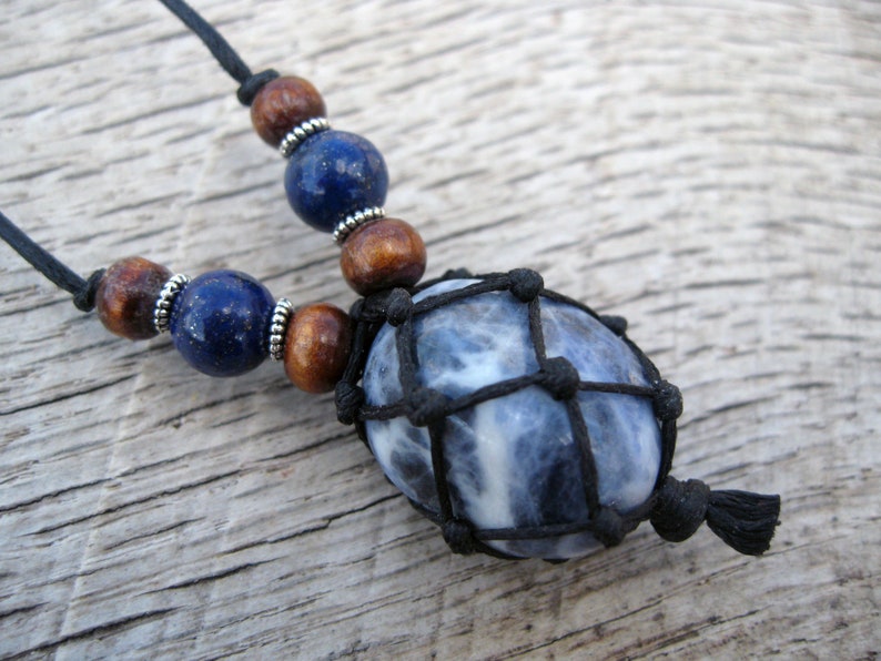 with lapis lazuli wood and tiny metal beads mens macrame necklace handmade and one of a kind Mens sodalite netted stone pendant