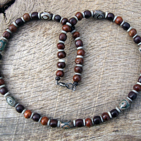 Mens surfer necklace, agate dzi, wood and bone beads, earthy colors, natural materials, handmade mens beaded tribal style necklace