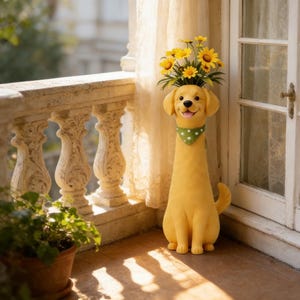 May include: A yellow dog-shaped planter with a green polka-dot scarf around its neck, holding yellow flowers. The planter is sitting on a porch with a white door and a stone railing. The dog planter is approximately 24 inches tall.