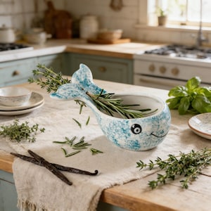 Handgetöpferte Keramikschale in Walfisch-Optik, niedliches maritimes Küchengerät