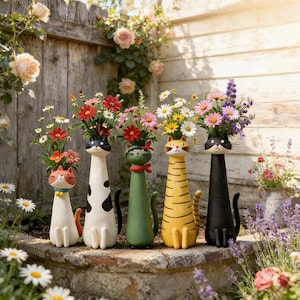 Puede incluir: Cinco jarrones decorativos con forma de gato, cada uno lleno de un vibrante arreglo floral. Los jarrones están pintados en varios colores y patrones, incluyendo rayas y manchas. Se exhiben al aire libre, añadiendo un toque caprichoso a un jardín.
