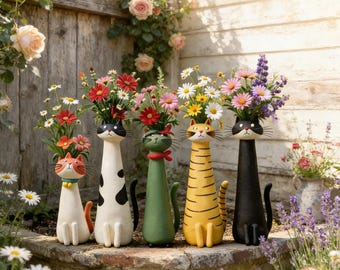 Handcrafted Cat Shaped Vase, Whimsical Resin Flower Pot, Unique Cat Lover Gift for Shelf & Desk Decor