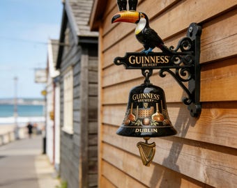Campanello da parete a forma di tucano Guinness, decorazione vintage da pub irlandese, campanello da giardino in ghisa per gli amanti della birra