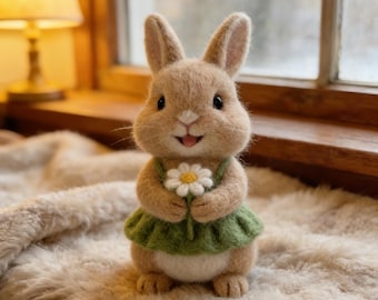 Conjunto de figuras de conejos de fieltro hechas a mano, coleccionables de conejos de lana artesanal, decoración rústica y original, regalo ideal para amantes de los animales.