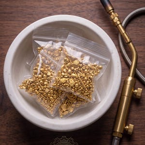 Può includere: Primo piano di pepite d'oro in sacchetti di plastica trasparente all'interno di una ciotola bianca. Un cannello in ottone è posizionato a destra. La ciotola è su una superficie di legno scuro. L'immagine include il logo di Noble Ingots.