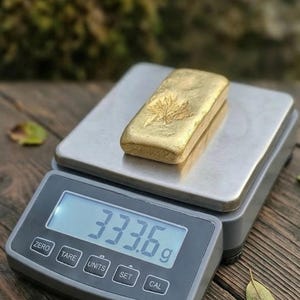 May include: A gold bar with a maple leaf design is displayed on a digital scale. The scale reads 333.6 grams. The scale is gray and silver, and the background is a wooden surface.