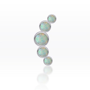 May include: A curved, silver-toned earring featuring five round, iridescent opal stones. The opals are set in individual bezels, creating a cascading design. The earring is displayed against a white background, with a subtle reflection.