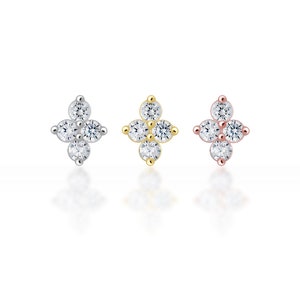 Four Diamond Internal threaded Screw Flat Back Tragus Earring, Helix Earring, Cartilage Earring, Conch earring, Lobe piercing (1pc)
