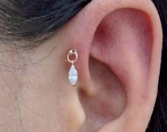 Bullet dangle Marquise CZ Sterling Silver Flat Back Earring: Tragus, Helix, Conch (1pc)