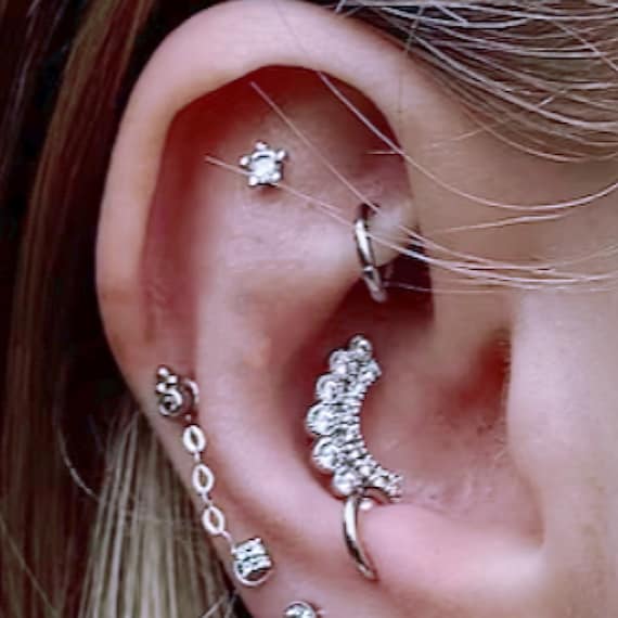 CZ Double Crown curve Conch Piercing: Sterling Silver Helix Earring (1pc)