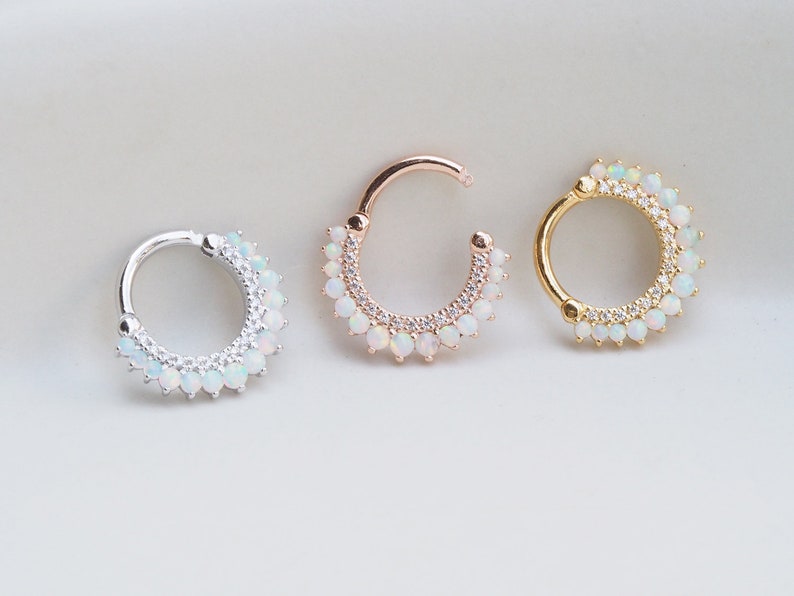 Opal/CZ Clicker Daith Earring, Septum Ring, Philtrum Ring, CZ Hoop Piercing, Cartilage, Clicker Ring, Helix Earring, Eternity Hoop 