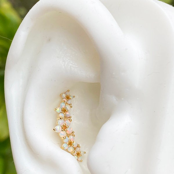 White Opal Edelsteine Blumen Girlande Sterling Silber SCREW flache Rückseite für Conch / Knorpel / Helix Piercing