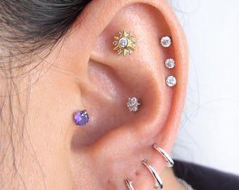 Deco Star CZ Sterling Silver Tragus Earring: Internal Thread, Flat Back (1pc)