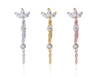 Triple Marquise DANGLE chain screw ball back cartilage stud,helix earring, tragus earring, Tragus piercing, conch earring