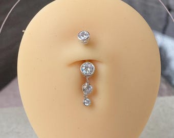 Sterling Silver Dangle Belly Ring: Swiss CZ Navel Piercing (1pc)
