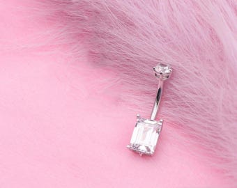 Rectangle CZ Sterling Silver Belly Ring: Dainty Navel Piercing (1pc)
