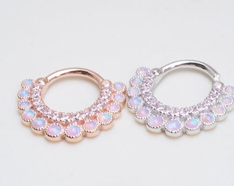 Pink Opal/CZ Clicker Daith Earring, Septum Ring, Opal Hoop Piercing, Cartilage, Clicker Ring, Helix Earring, Eternity Hoop