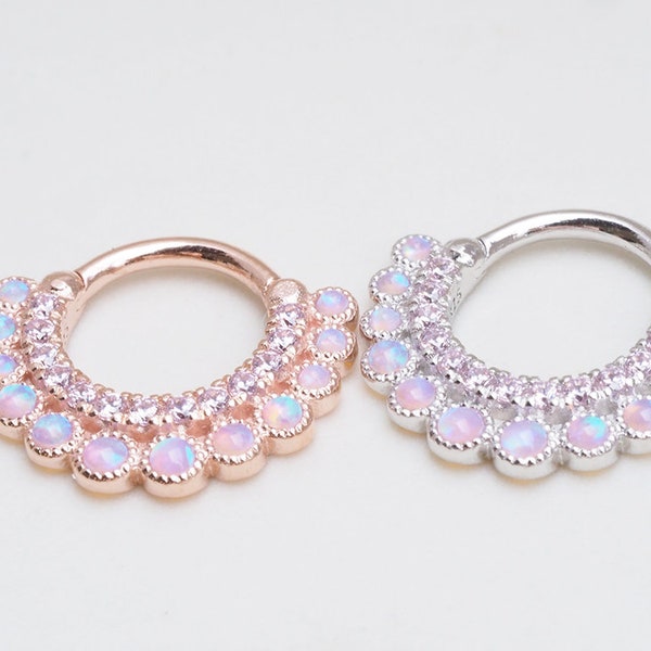 Pink Opal/CZ Clicker Daith Earring, Septum Ring, Opal Hoop Piercing, Cartilage, Clicker Ring, Helix Earring, Eternity Hoop