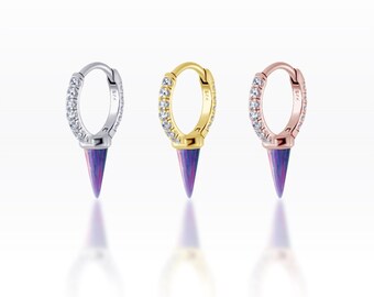 Single Purple opal spike CZ huggie Hoop,Spike hoop, Punk Hoop, Hoop earrings, Dainty hoops, Huggie hoops, Thin hoop