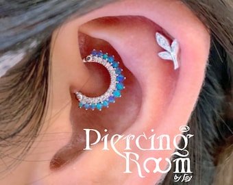 Skyblue Opal/CZ Clicker Daith Earring, Septum Ring, Philtrum Ring, Hoop Piercing, Cartilage, Clicker Ring, Helix Earring, Eternity Hoo, Lobe