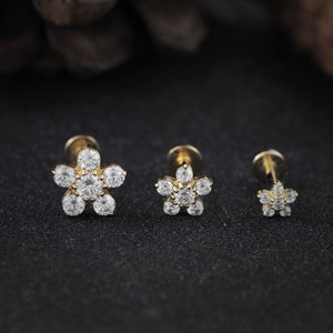 Gold plated Flower Gems Screw flat back Tragus, Dainty earring,Cartilage earring,Tragus piercing,Helix piercing image 3